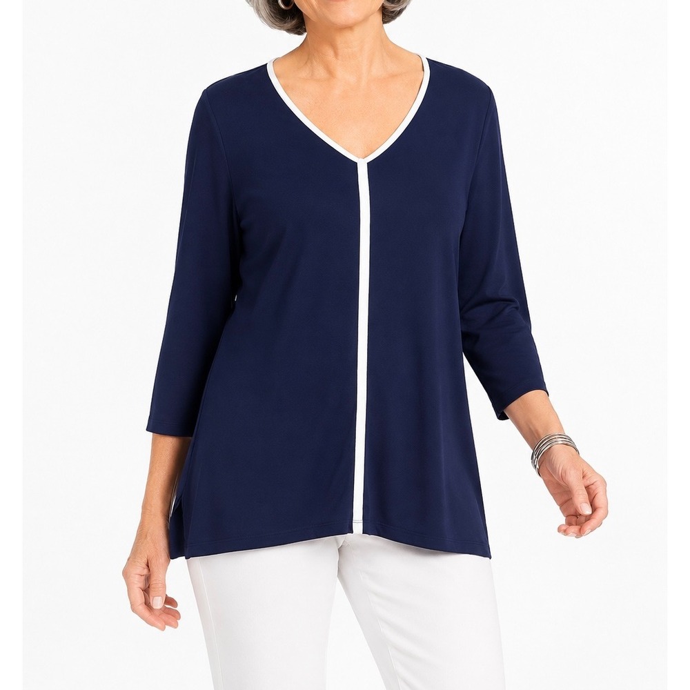 Chicos Easywear Navy Blue V-Neck Tunic 3/4 Sleeve Contrast Trim Top Size 3